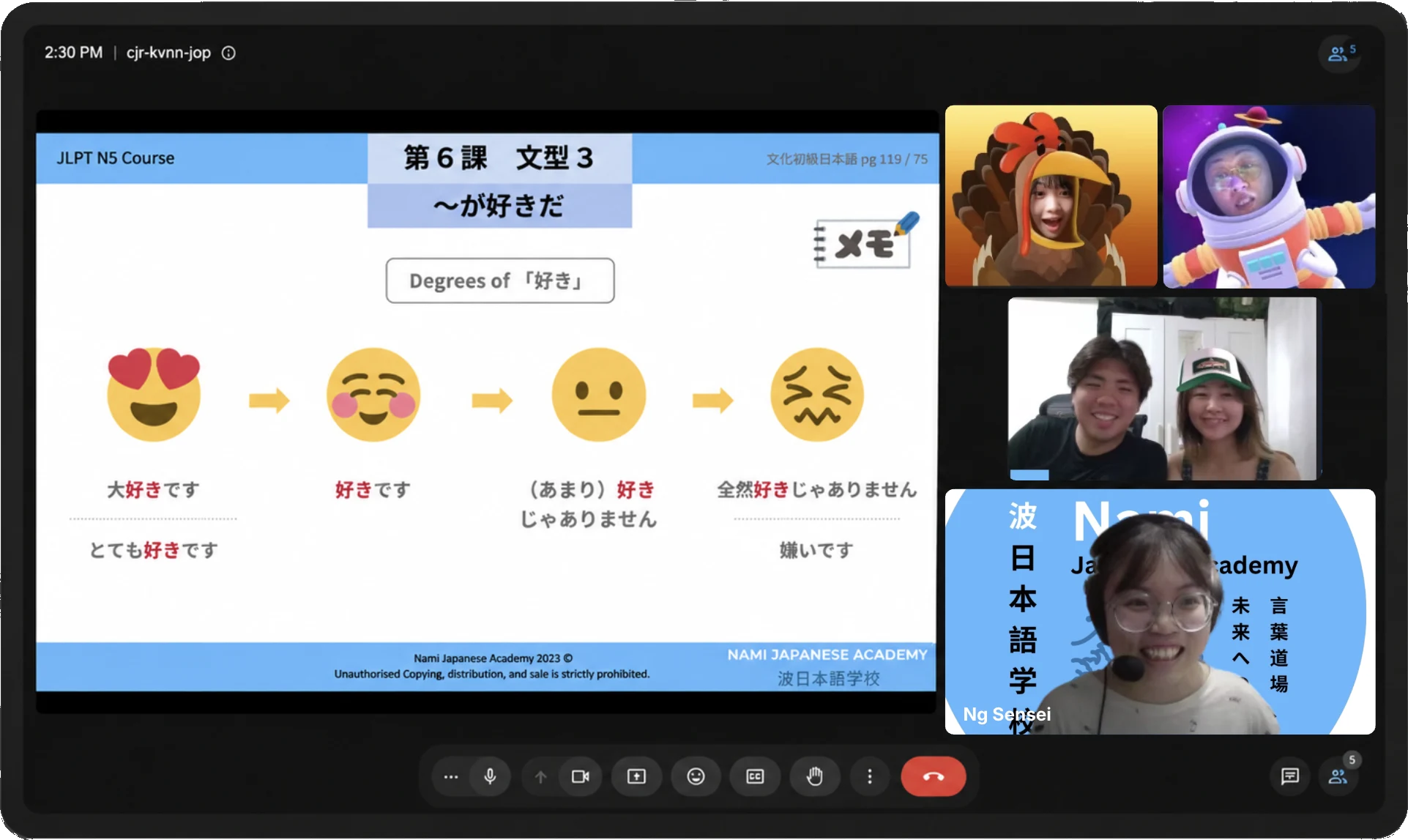 A live JLPT N5 lesson with Ng Sensei and students on a video call